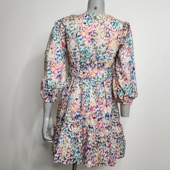 SHOL Los Angeles Abstract Print 3/4 Sleeve Tiered Mini Dress Size 4 BNWT - Picture 7 of 16
